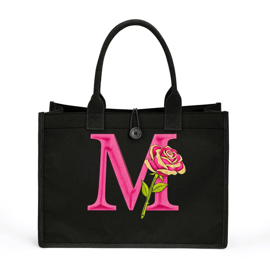 Floral M Initial Canvas Tote