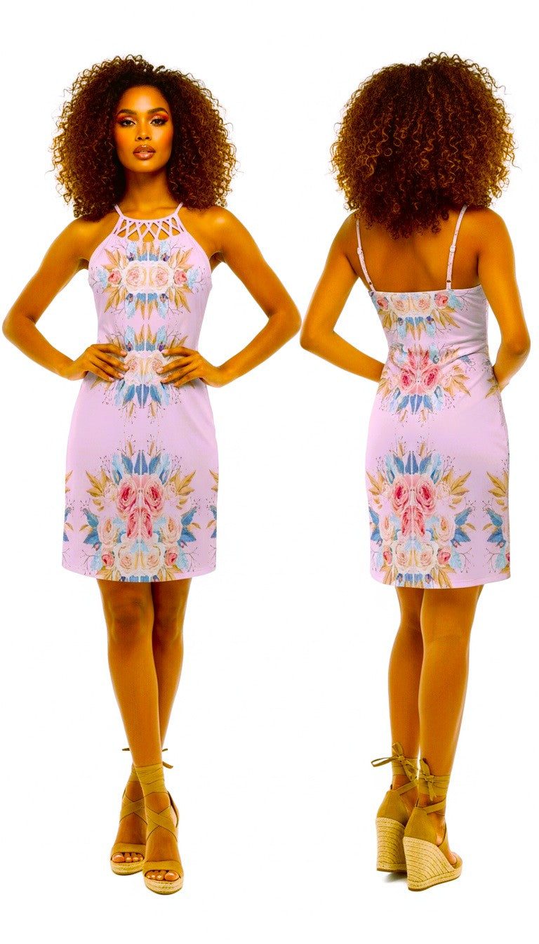 Ms Pink Floral Halter Neck Dress