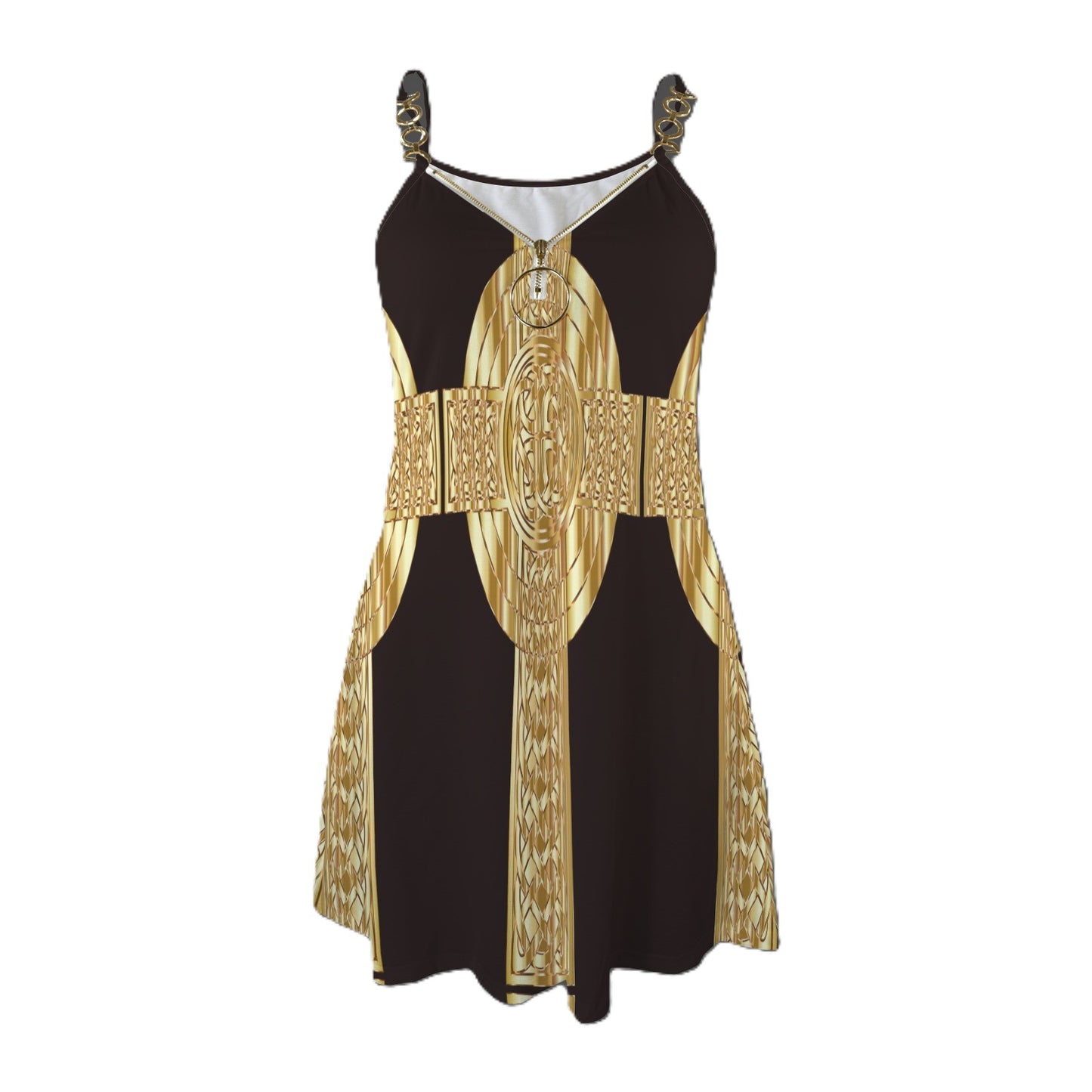 Gold Chain Strappy Front Zip Dress