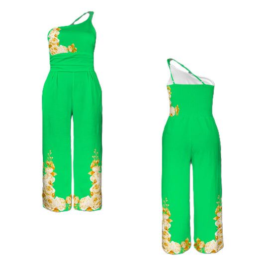 One Shoulder Floral Emerald Pants Suit