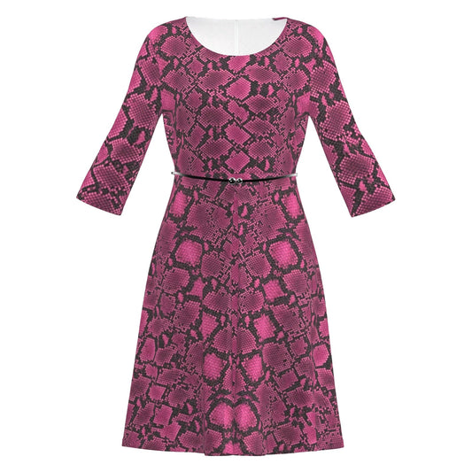 Snakeskin A-Line Midi Dress With Belt