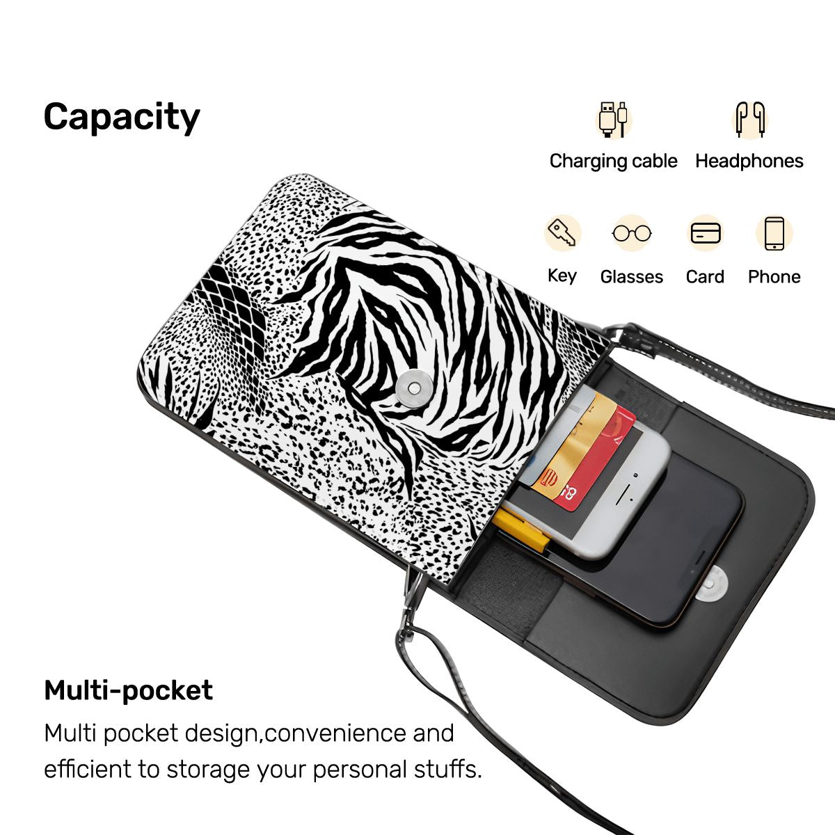 Zebra Leatherette Cell Phone Crossbody Bag