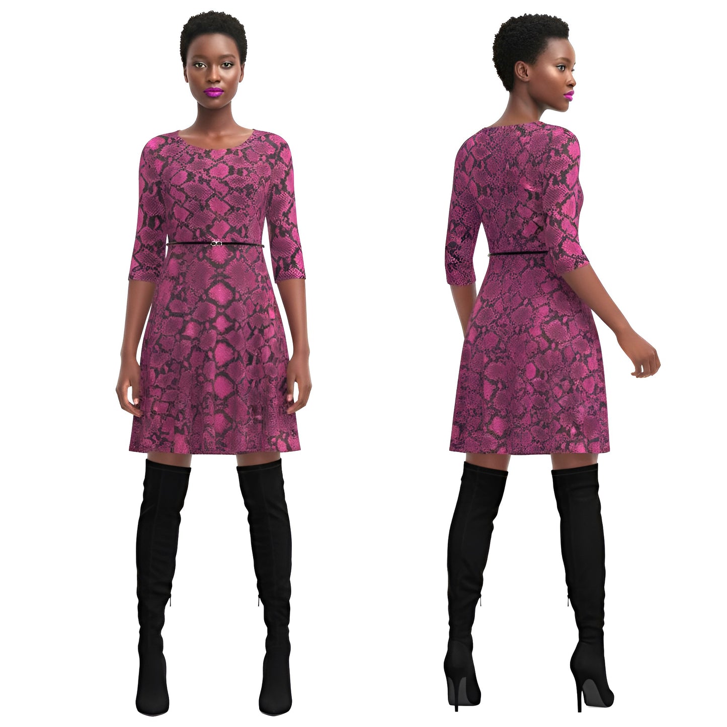 Snakeskin A-Line Midi Dress With Belt