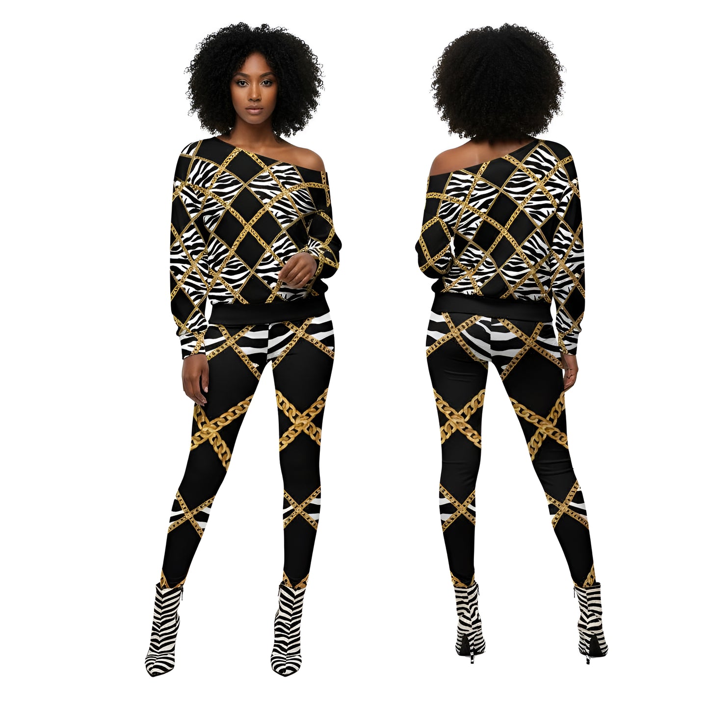Zebra Chains Off-Shoulder Sweatshirt