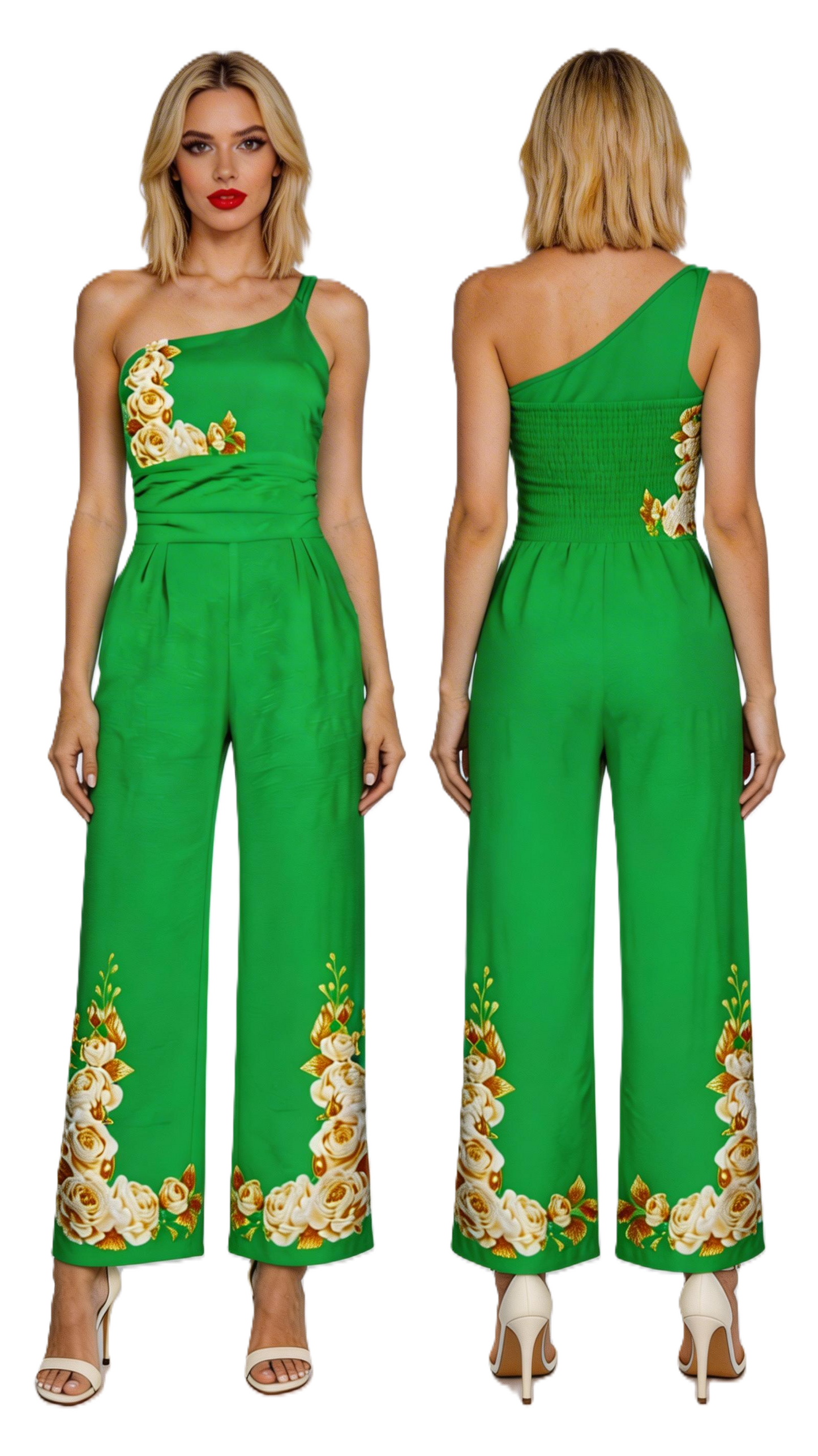 One Shoulder Floral Emerald Pants Suit
