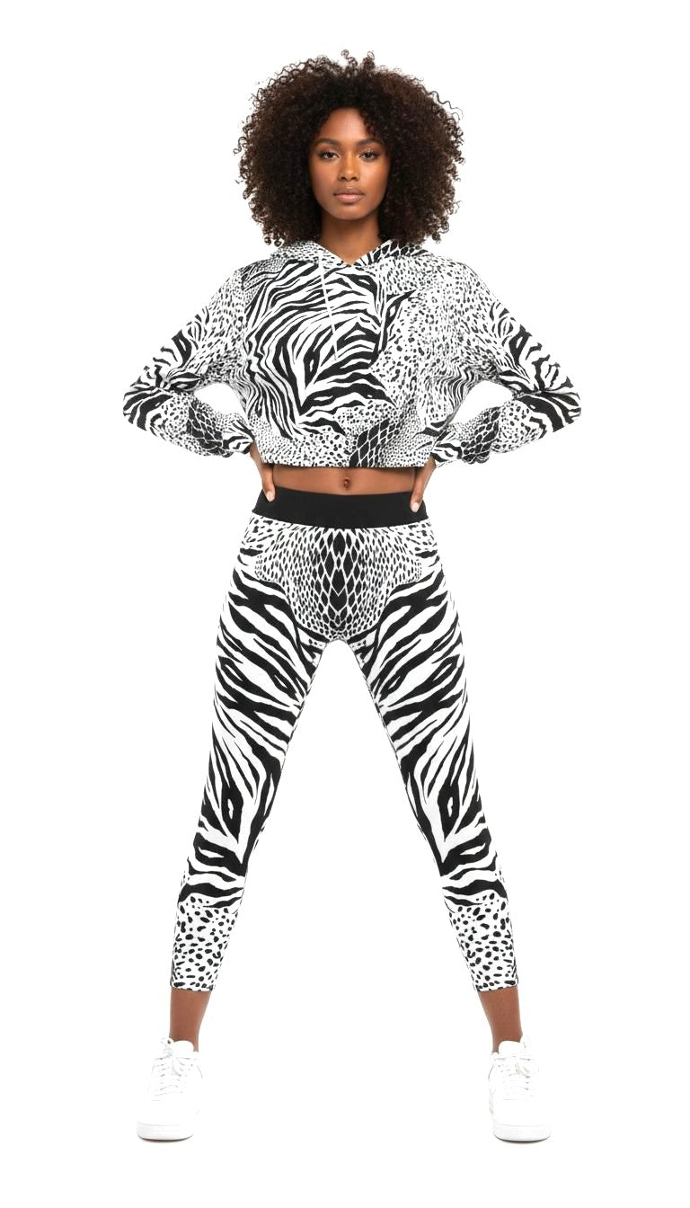 Zebra Geometric Cropped Hoodie And Pants Set
